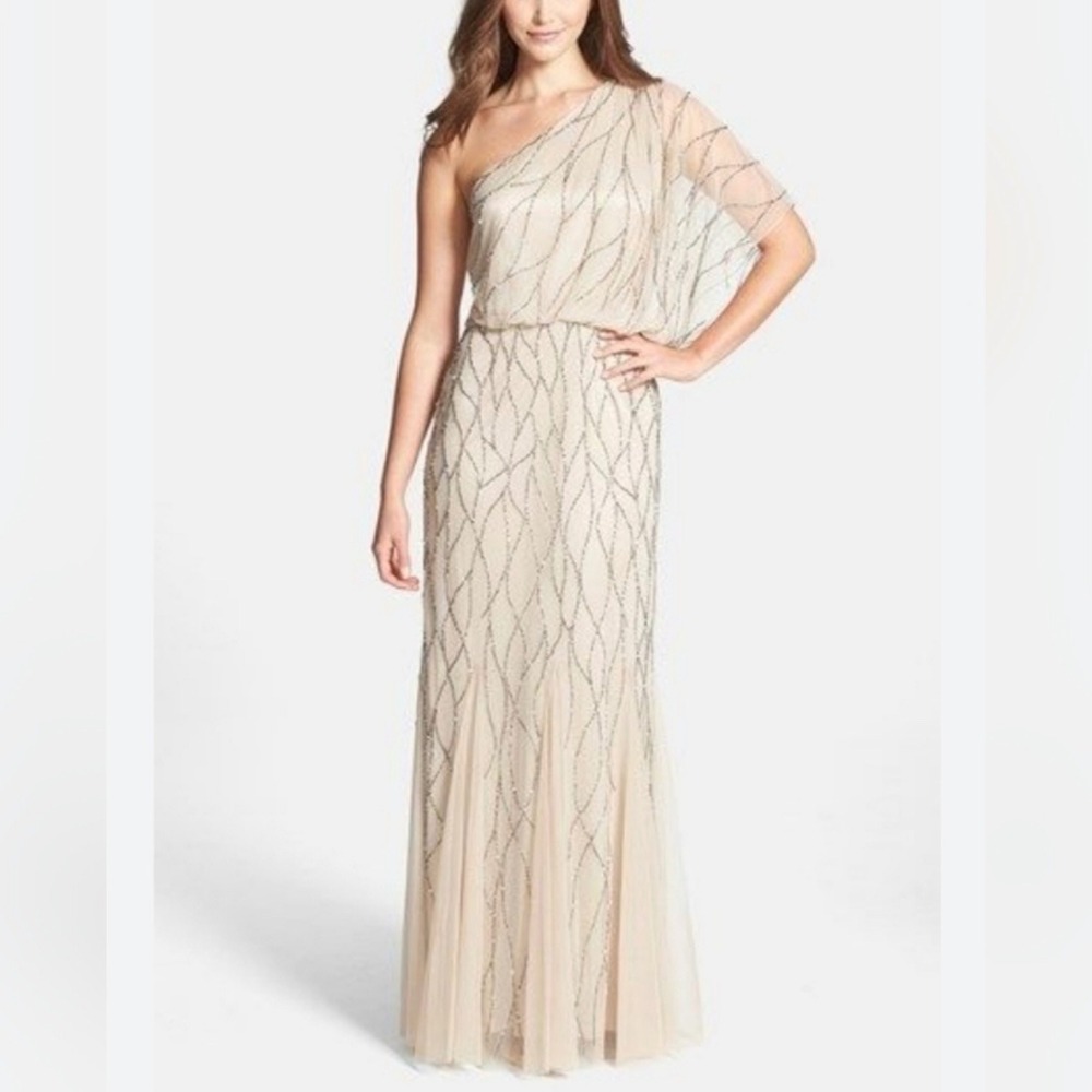 Adrianna Papell Nude Beige Beaded One Shoulder Blouson Gown Size 2
